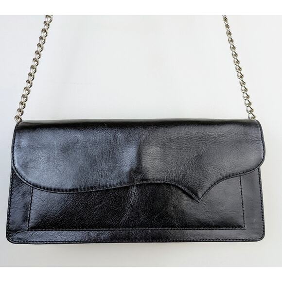 Preston & York Black Leather Shoulder Evening Bag Silver Chain Strap Structured - Picture 4 of 13